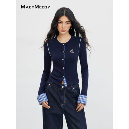 Plaid Embroidery Knit Cardigans