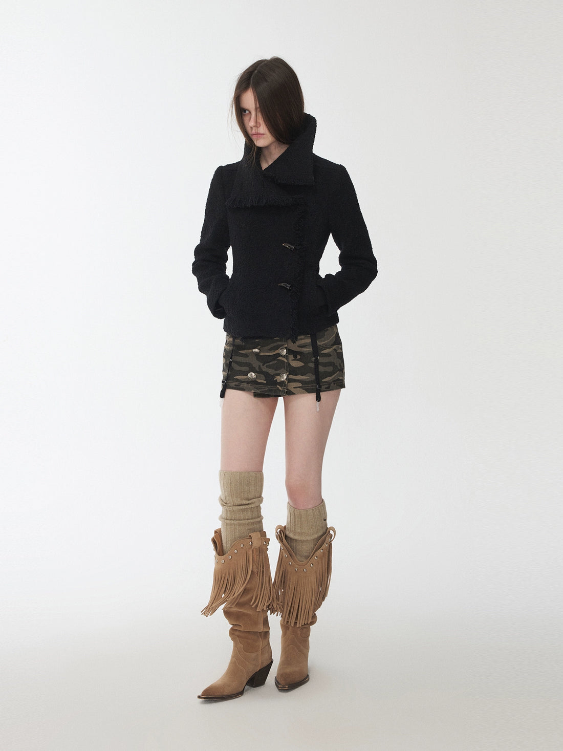 Wool Blend Horn Button High-neck Jacket
