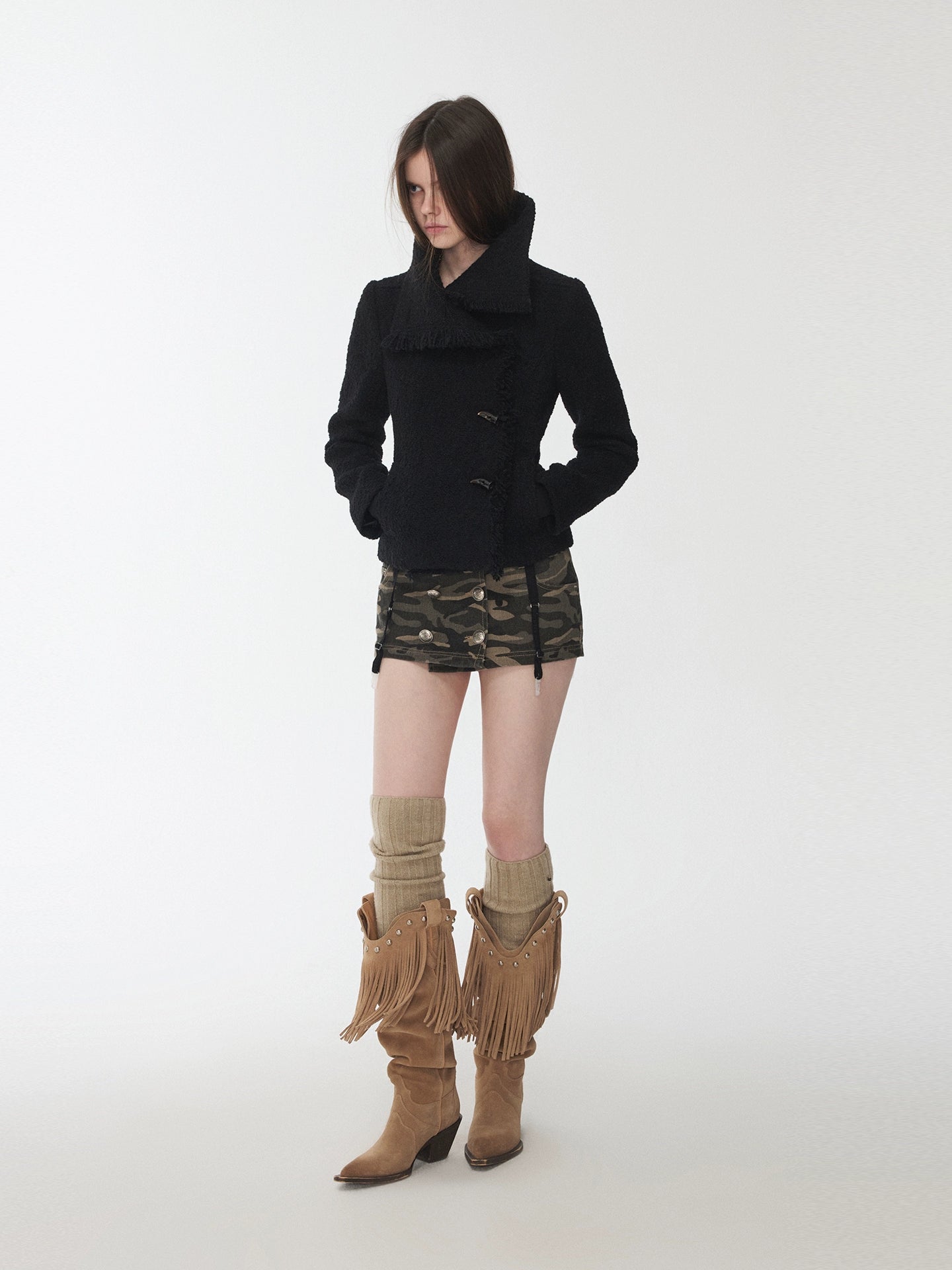 Wool Blend Horn Button High-neck Jacket
