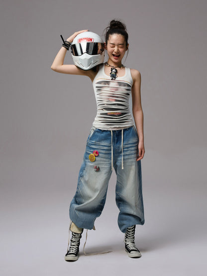 Irregular Hole-Ripped Double-Layer Halter Neck Tank Top - CHINASQUAD