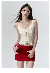 "I LOVE ME" Embroidered Rose Belt A-Line Mini Skirt - CHINASQUAD