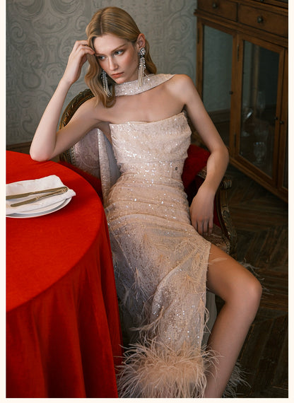 Diamond Sequin Feather Drape Tie Strapless Midi Dresse