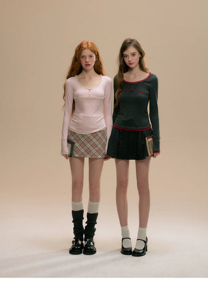 Pink Plaid Wool Mini Skirt