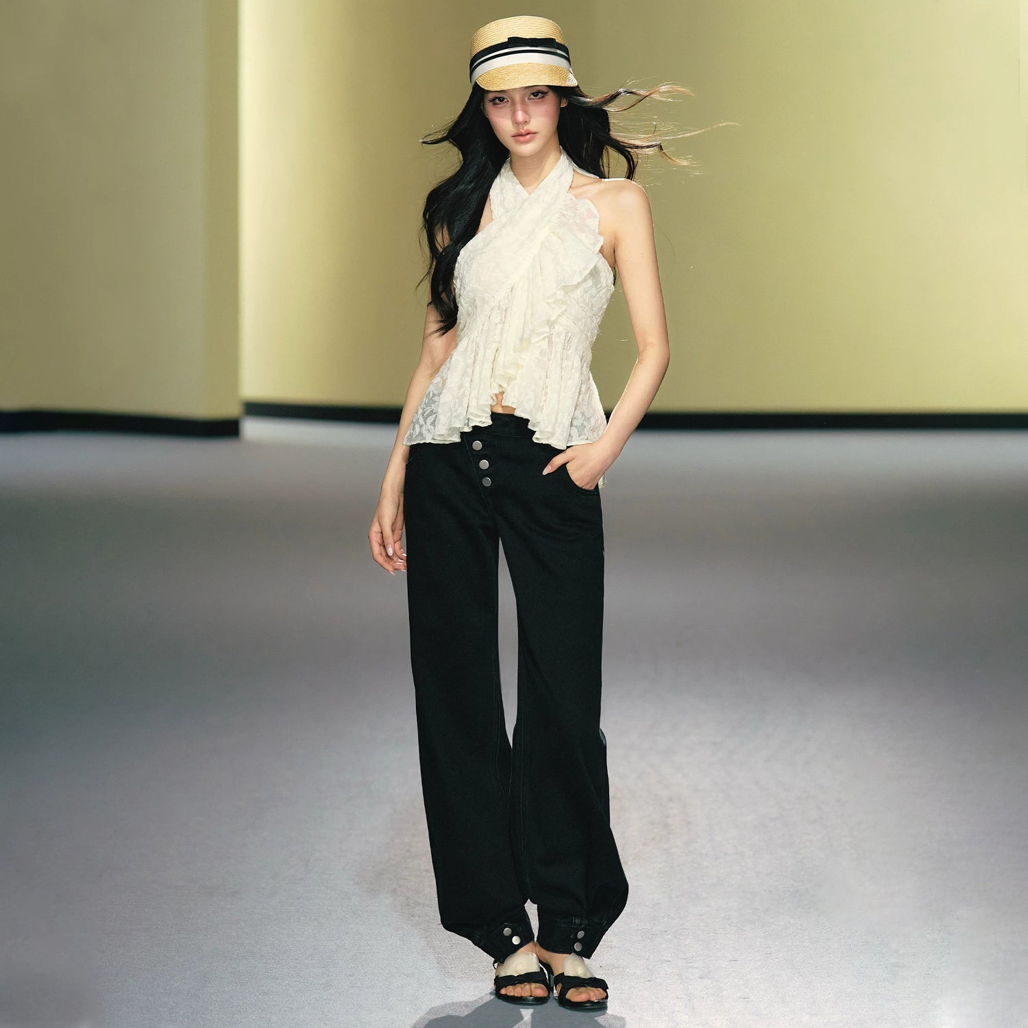 Asymmetric Placket Straight-Leg Denim Trousers