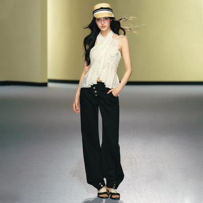 Asymmetric Placket Straight-Leg Denim Trousers