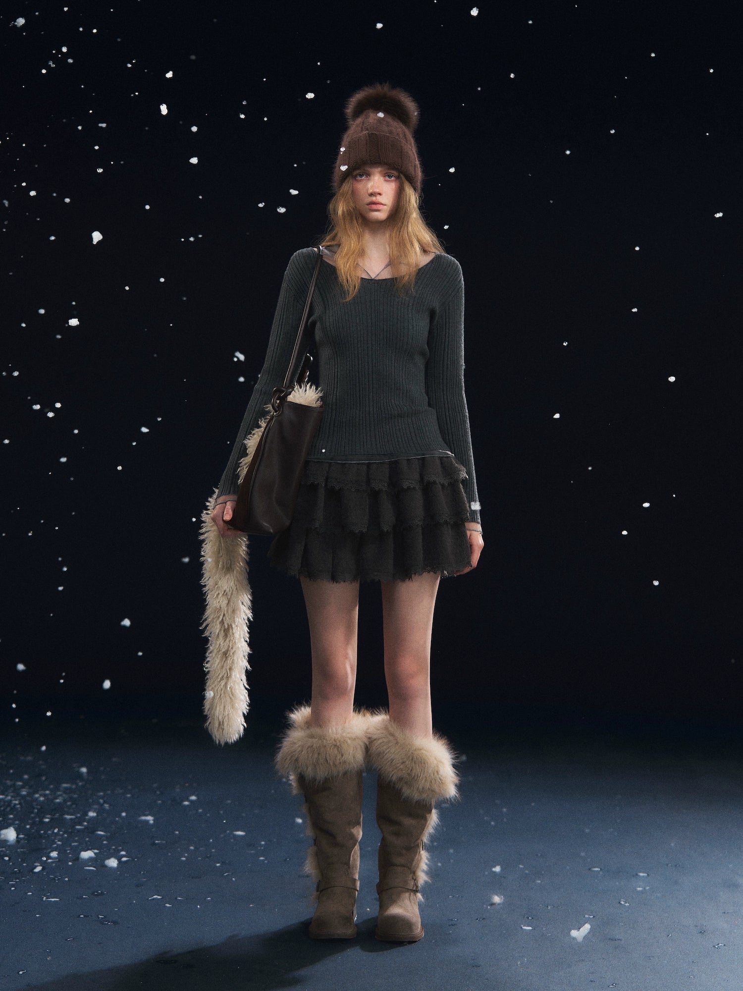 Lace-Panel Velvety Tiered Skirt