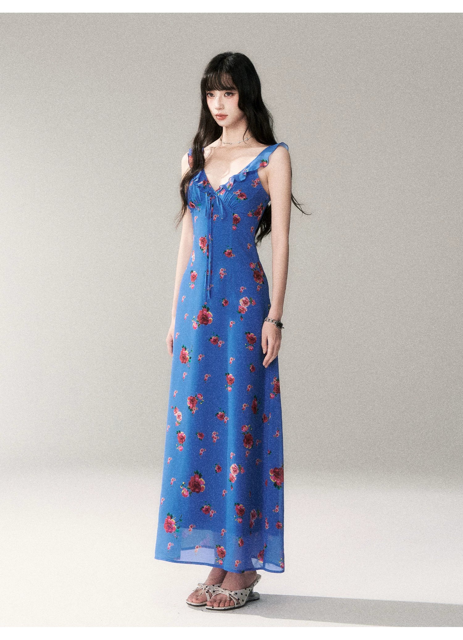 Blue Rose V-Neck Resort Maxi Dress