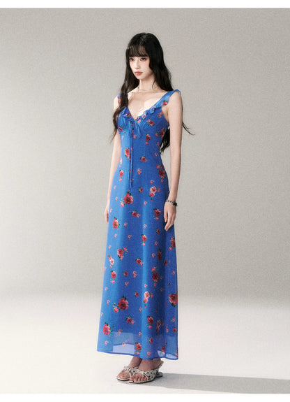Blue Rose V-Neck Resort Maxi Dress