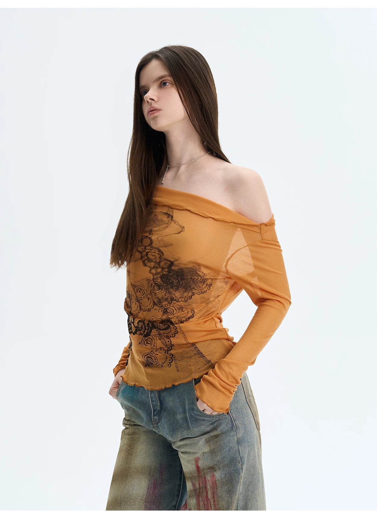 Lyocell Off-Shoulder Knit Crewneck