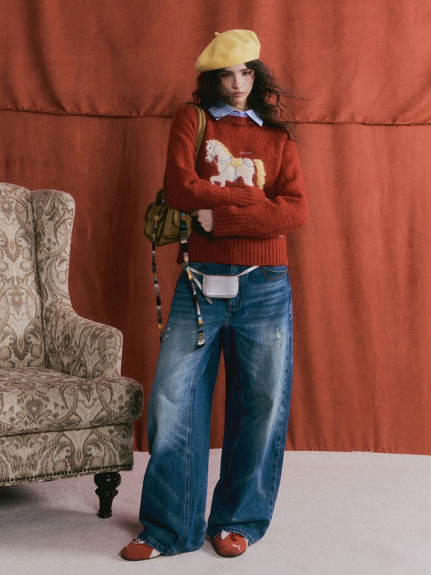 Vintage Washed Distressed Wide-Leg Jeans