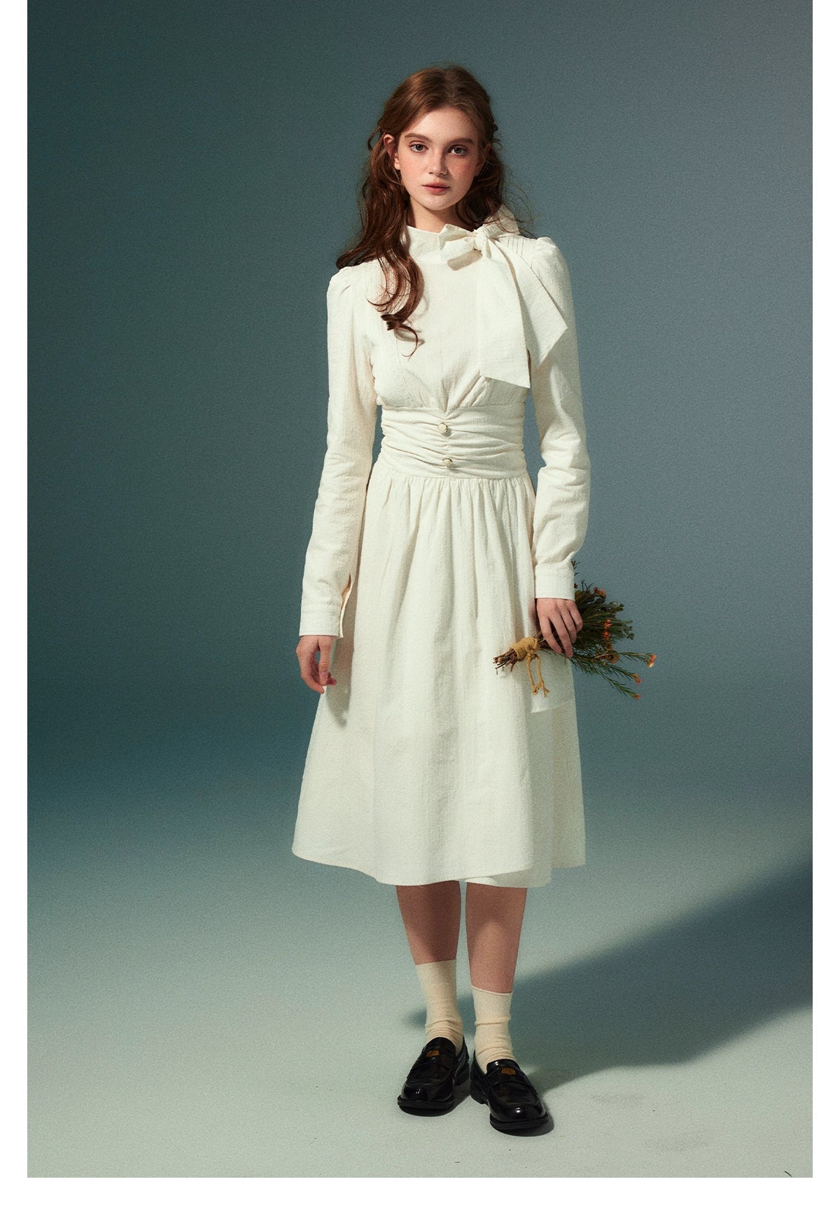 White Bow Striped Texture Dress - CHINASQUAD