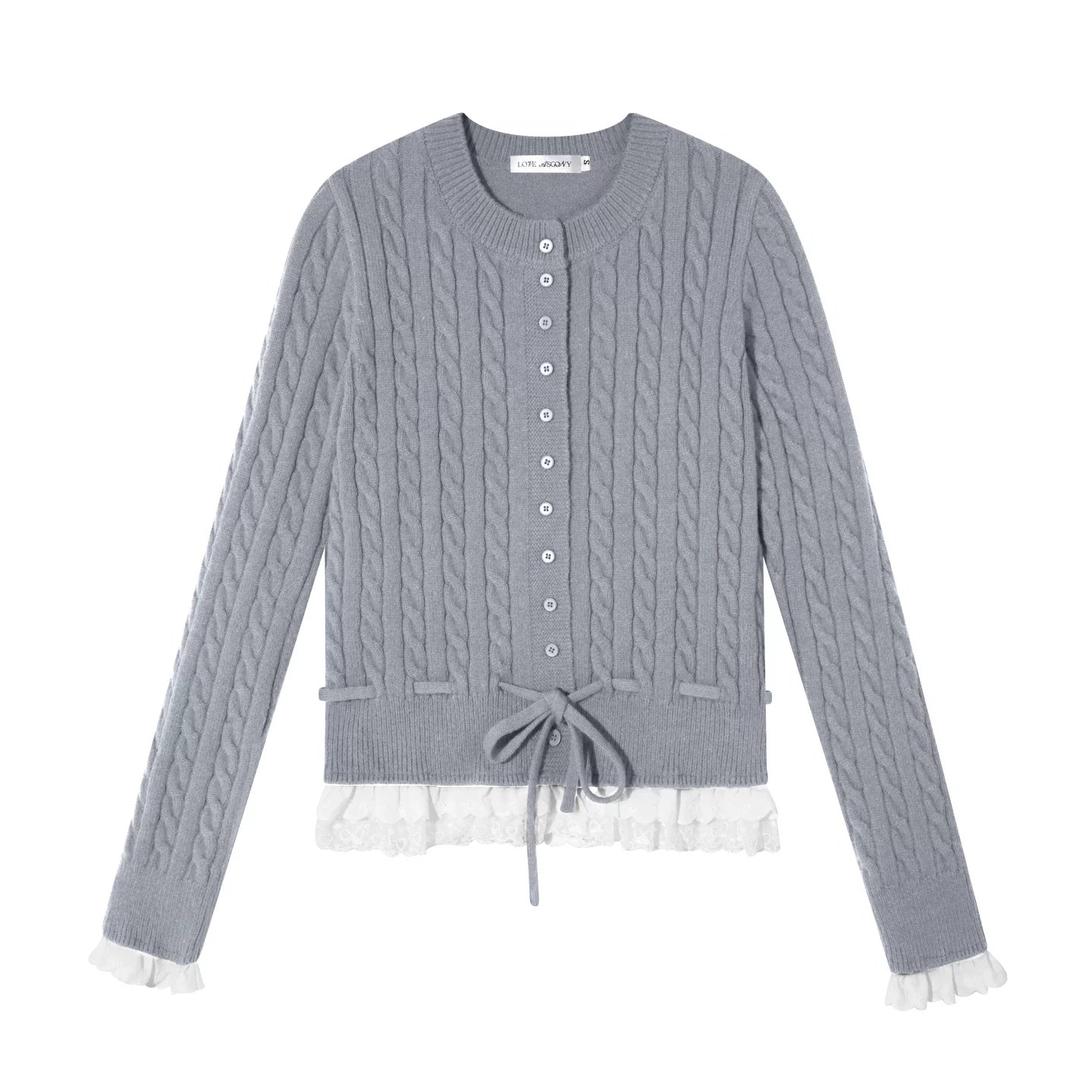 Cable Knit Lace-Hem Drawstring Sweater