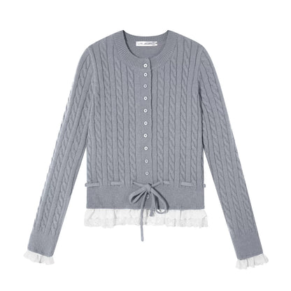 Cable Knit Lace-Hem Drawstring Sweater