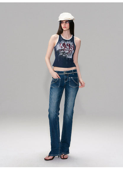 Vintage Graphic Contrast Trim Slim Fit Tank Top