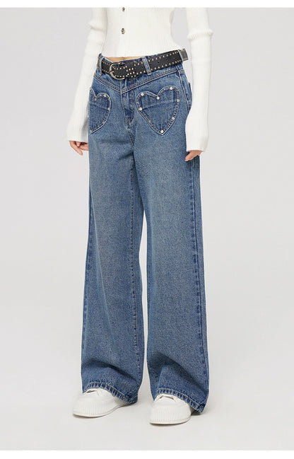 Heart-shaped Pocket Wide Leg Jeans - CHINASQUAD