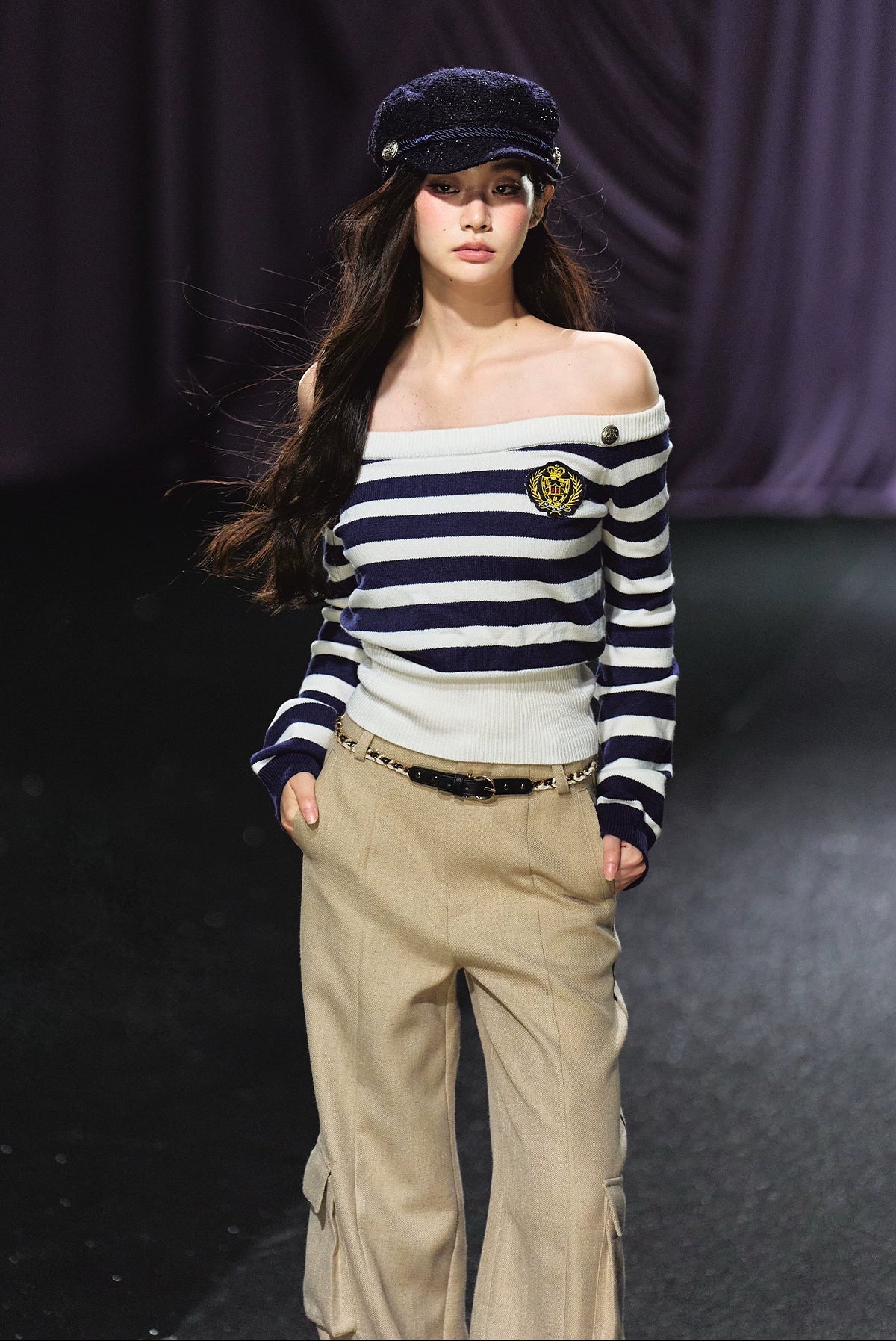 Tweed Braided Belt High-Waist Wide-Leg Pants