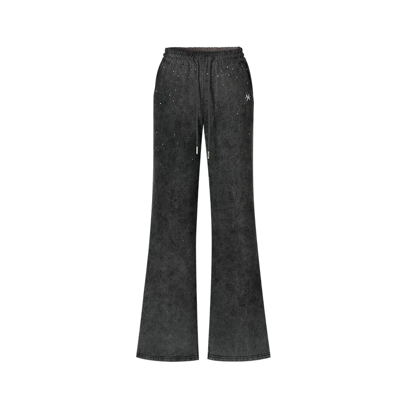 Crystal-Embellished Vintage Wash Cotton Straight-Leg Trousers