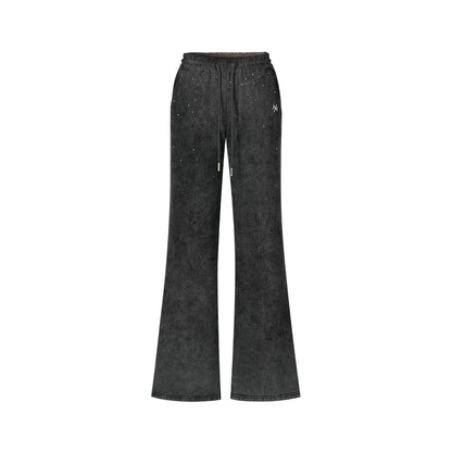 Crystal-Embellished Vintage Wash Cotton Straight-Leg Trousers