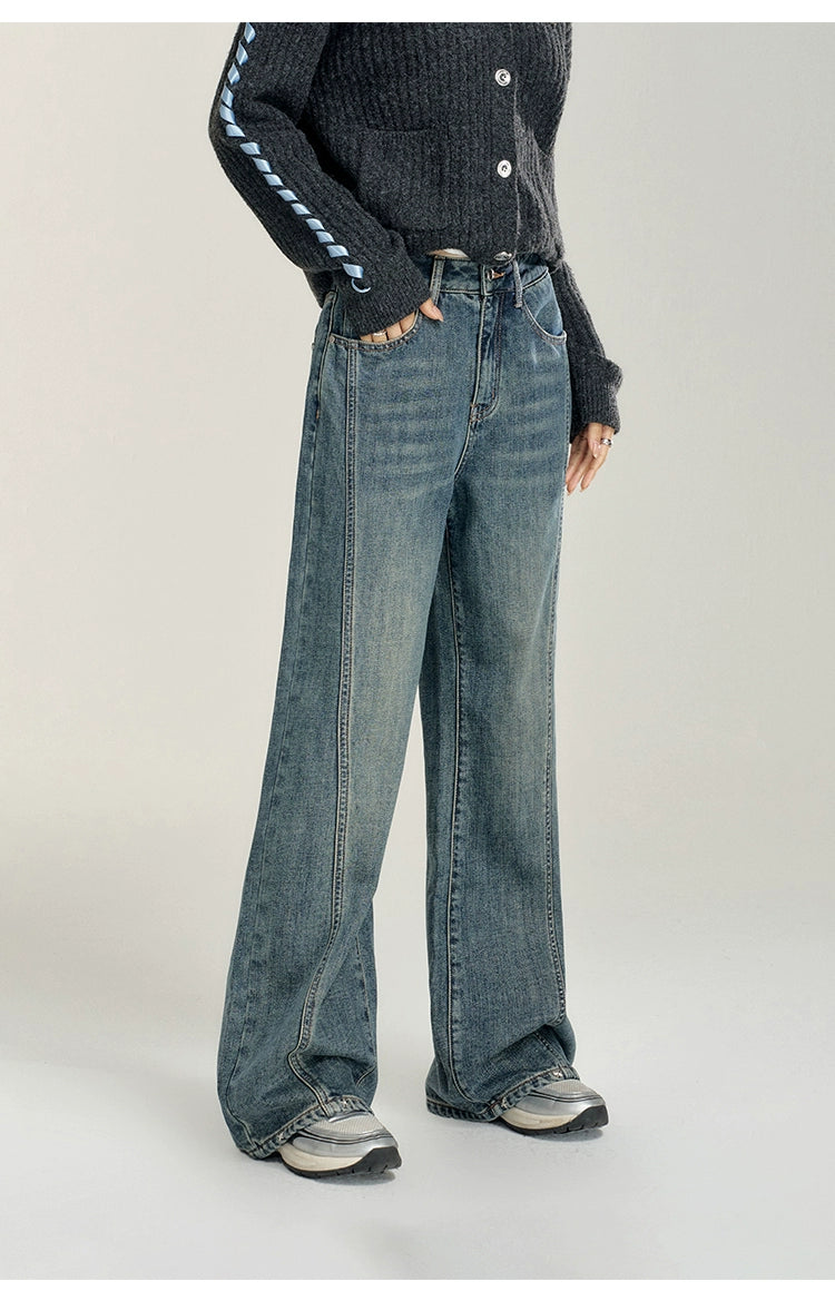 Heart-Patterned Fleece-Lined Wide-Leg Denim Pants