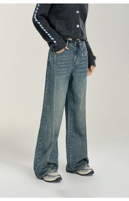 Heart-Patterned Fleece-Lined Wide-Leg Denim Pants