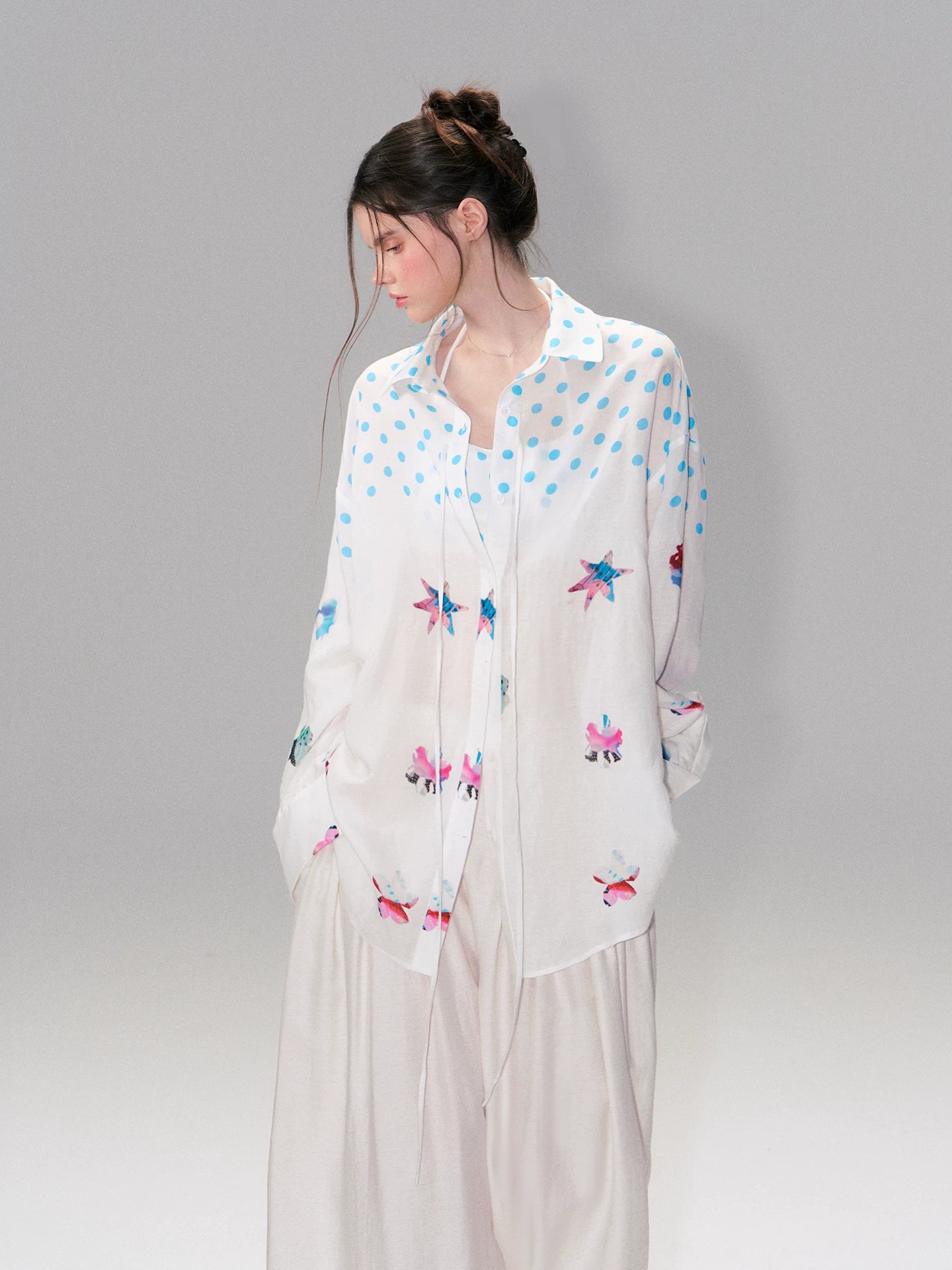 Vintage Contrast Polka Dot Silk-Linen Relaxed Shirt with Halterneck Top