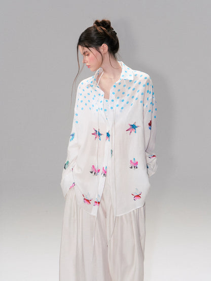 Vintage Contrast Polka Dot Silk-Linen Relaxed Shirt with Halterneck Top