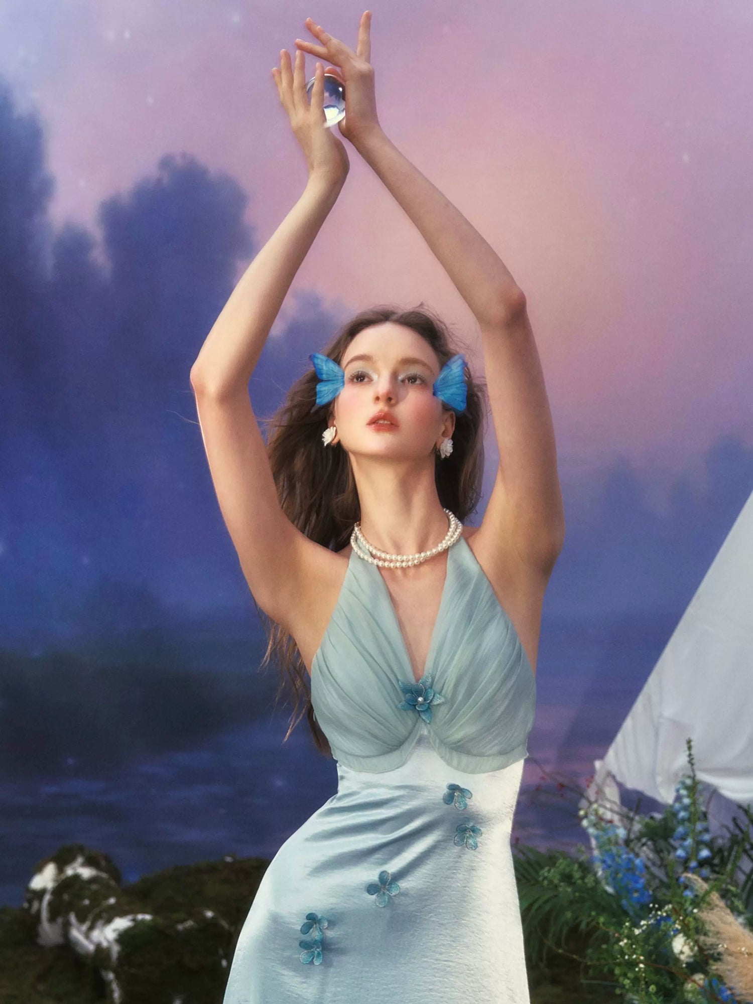 French Resort Halter Blue Floral Satin Dress