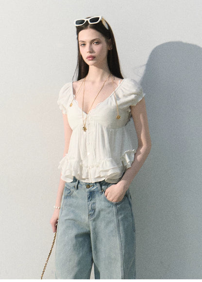 Ripple Romance Linen Blend Puff Sleeve Shirt