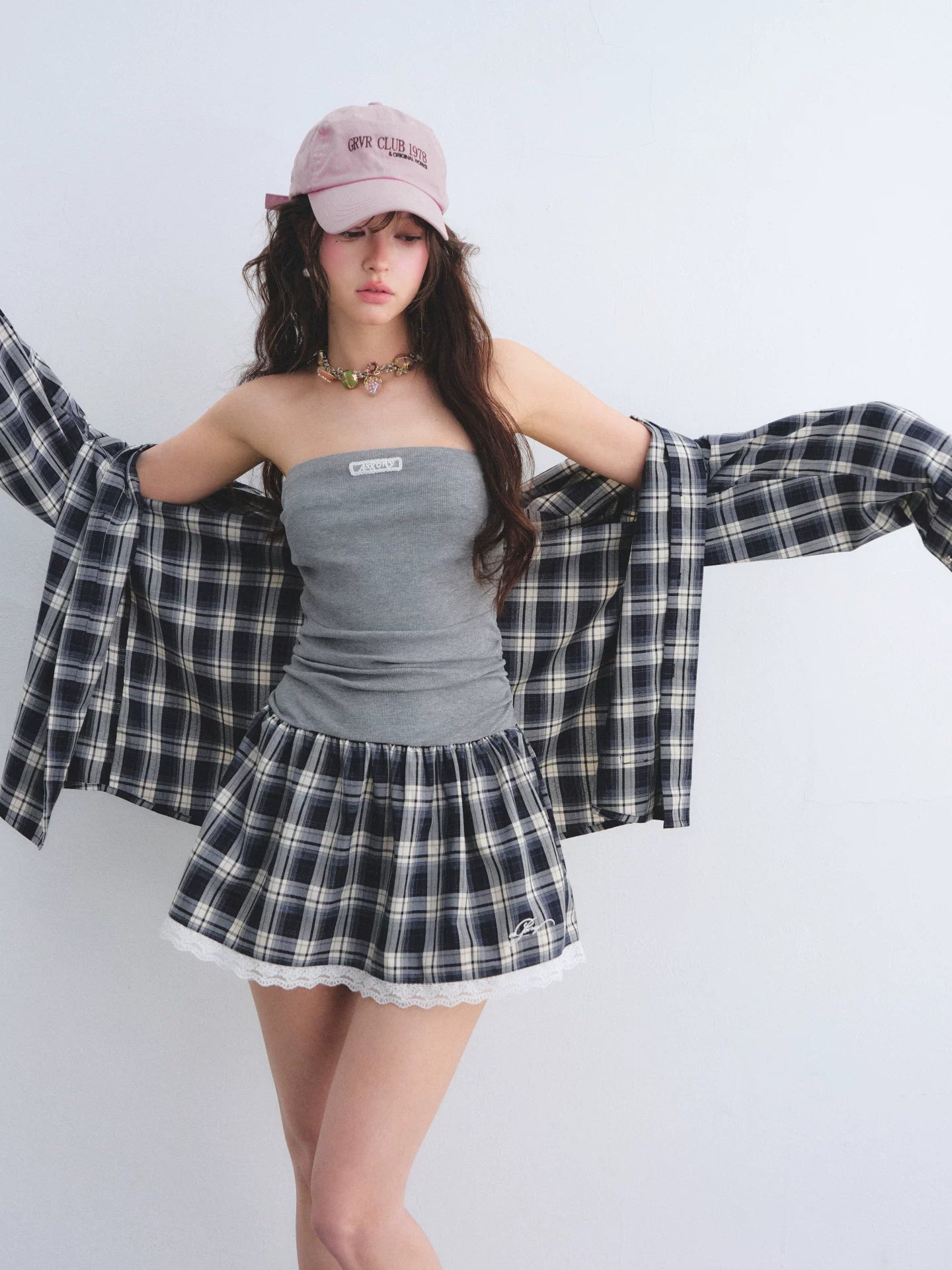 Ruched Plaid Lace Corset Dress & Shirt Two-Piece Set Dresses (Pre-sale) / L