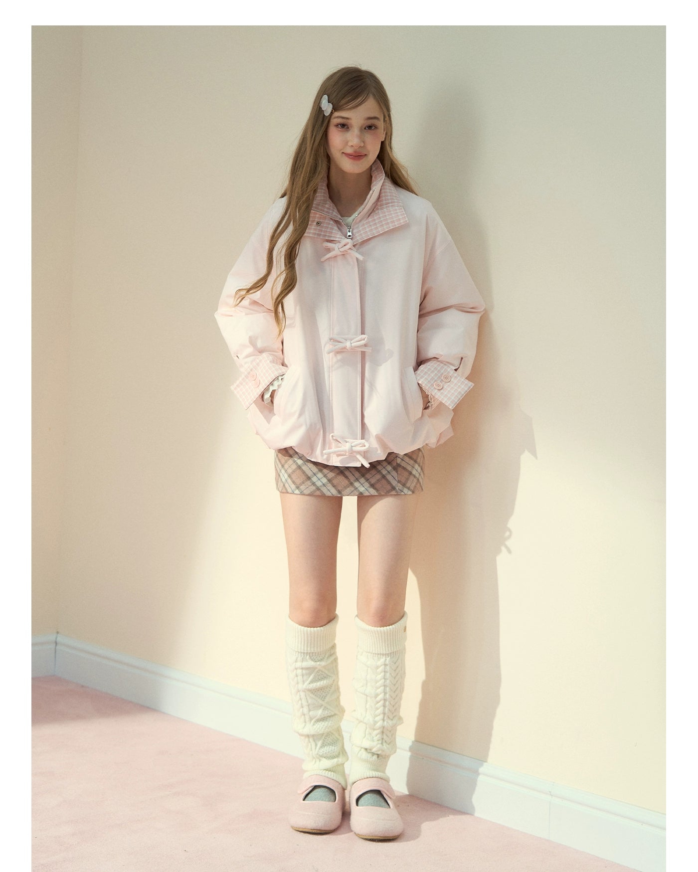 Pink Bow Check Down Jacket