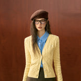 Yellow Twisted Texture Knitted Cardigan - CHINASQUAD