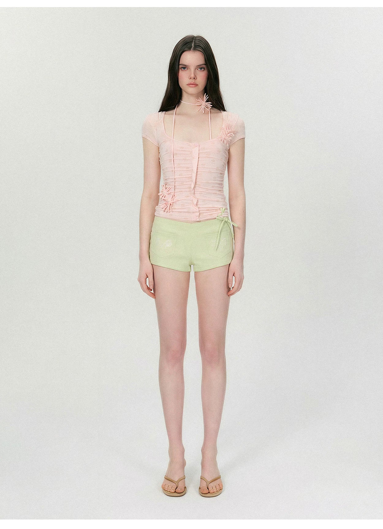 Vintage Handmade Floral Appliqué Ruched Slim-Fit T-Shirt