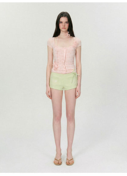 Vintage Handmade Floral Appliqué Ruched Slim-Fit T-Shirt
