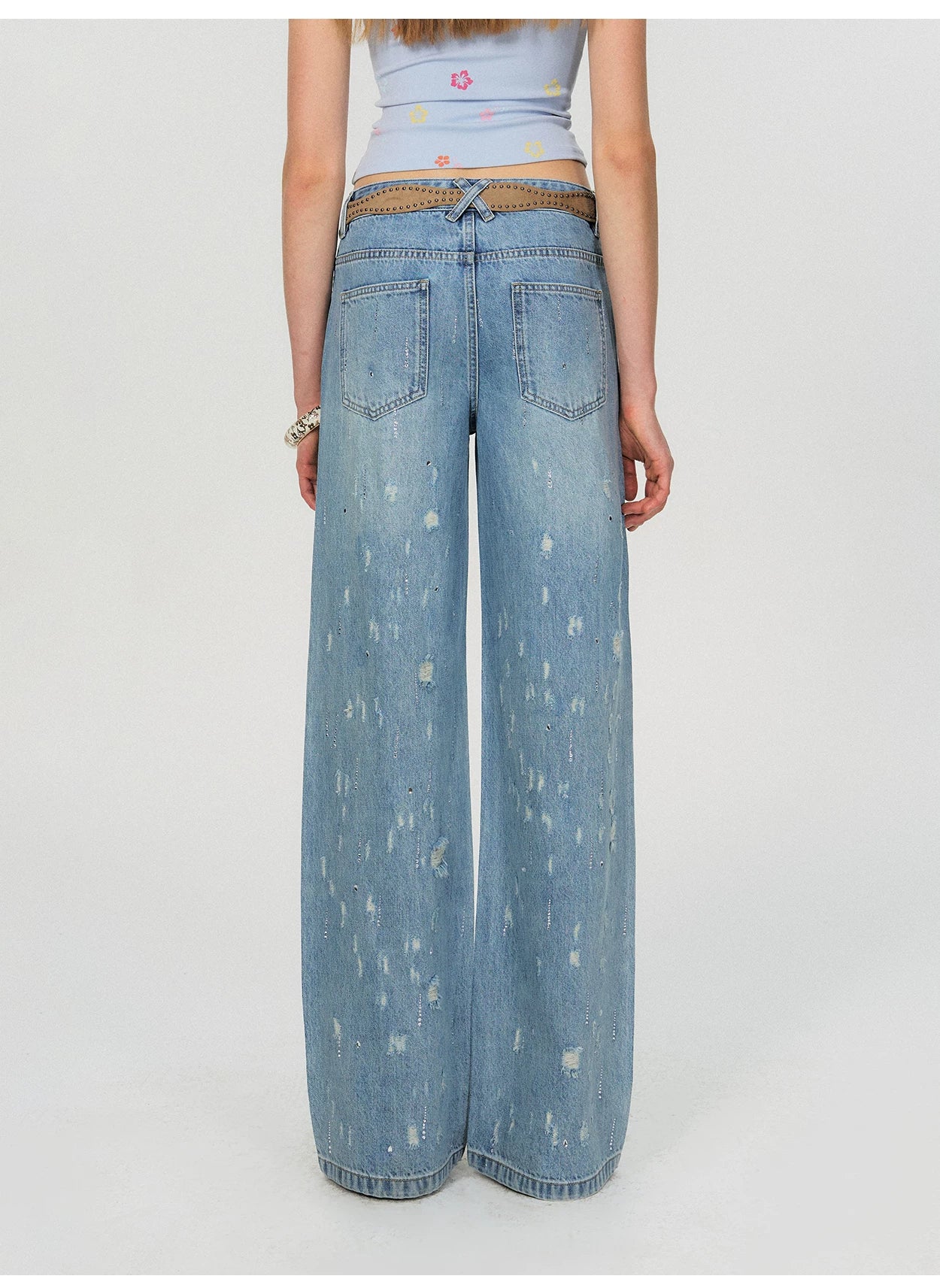 Vintage Washed Blue Rhinestone Embellished Straight-Leg Denim Trousers