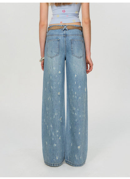 Vintage Washed Blue Rhinestone Embellished Straight-Leg Denim Trousers