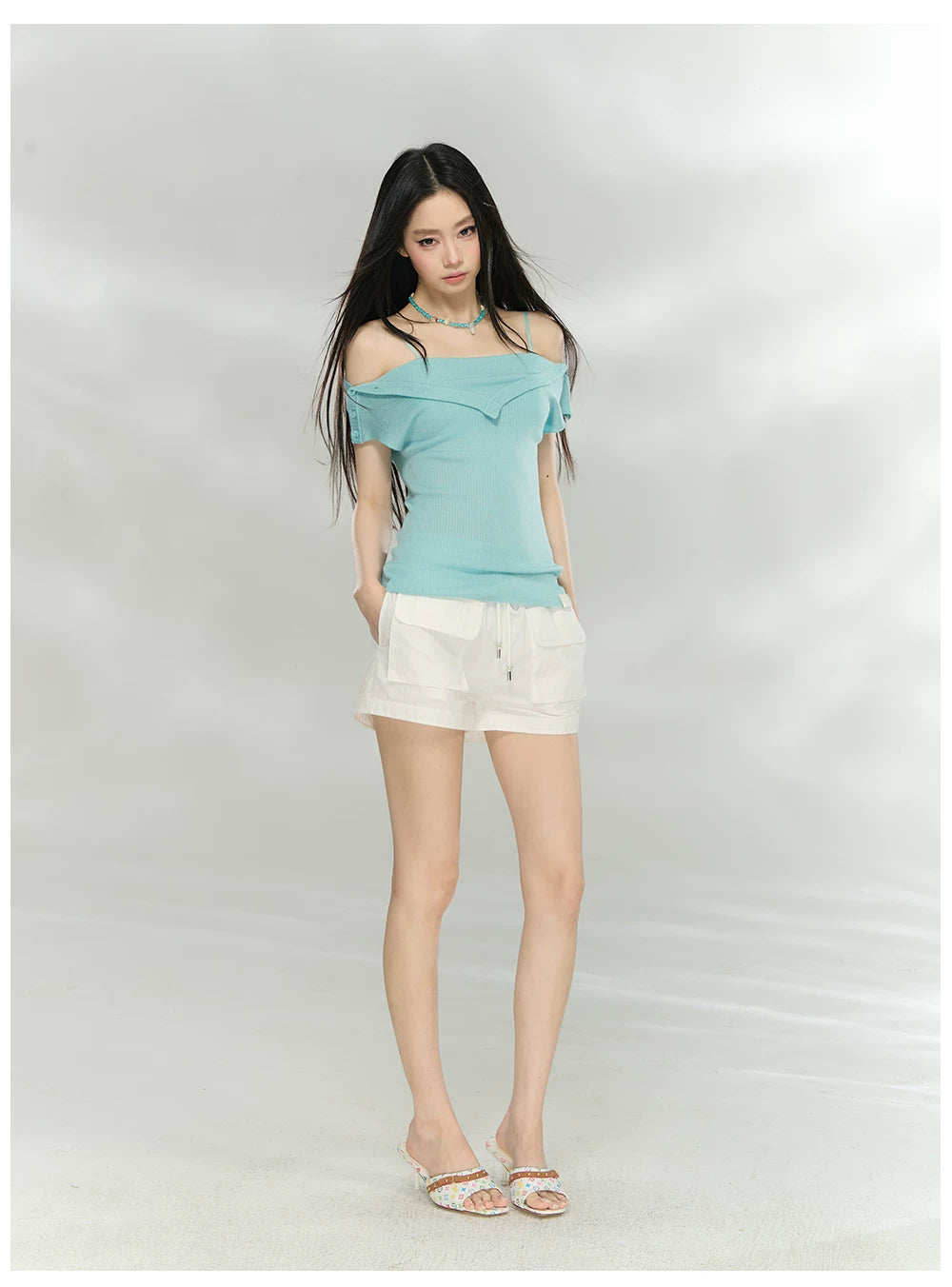 Folded Off-Shoulder Knit T-Shirt