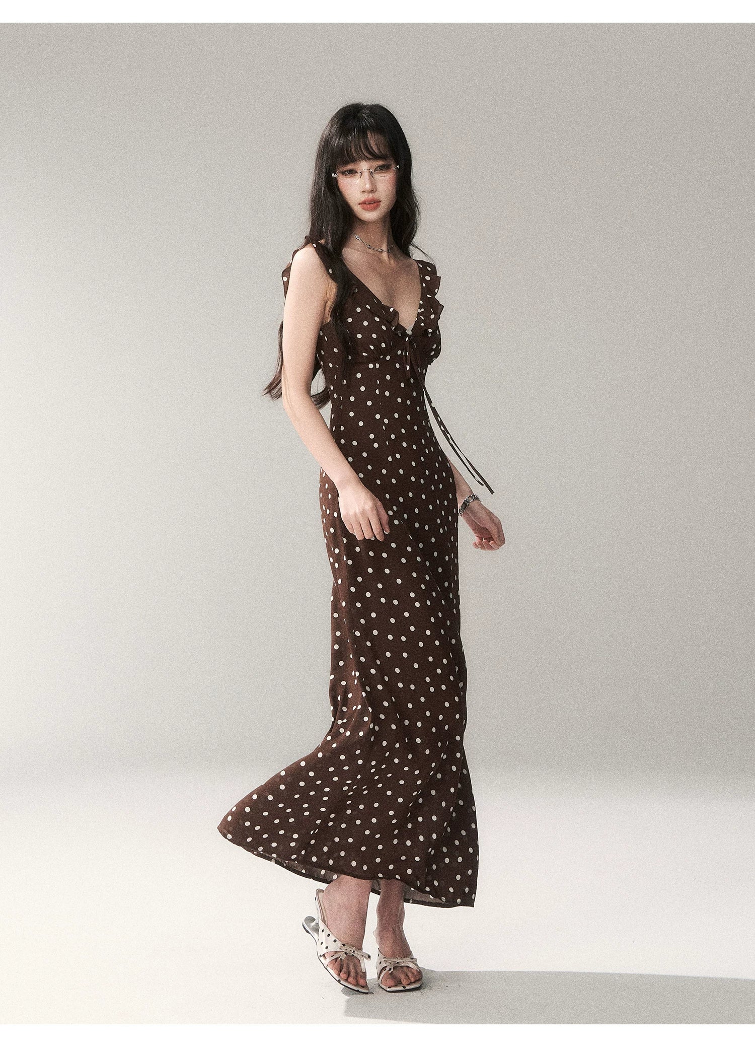 Chocolate Polka Dot French Slim-Fit Slip Maxi Dress