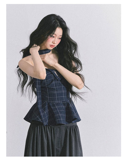 “Blue Rhythm” Plaid Corset Peplum Tube Top