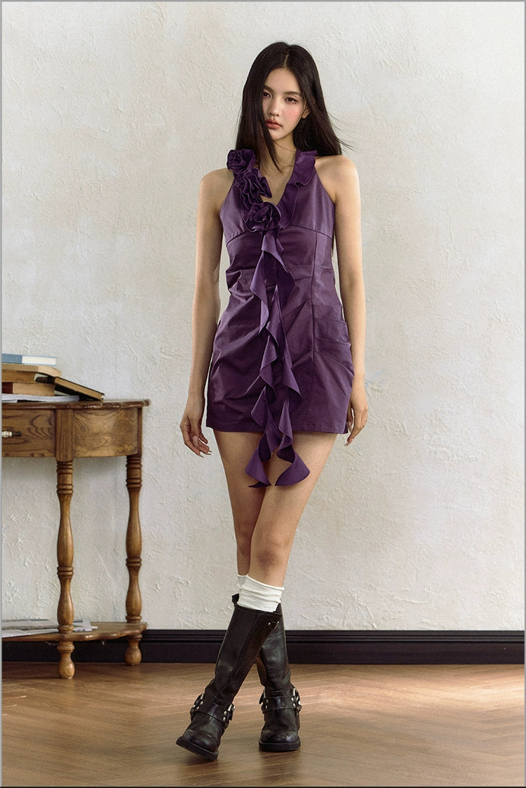 Purple Rose Ruffle Trim Sleeveless Dress - CHINASQUAD