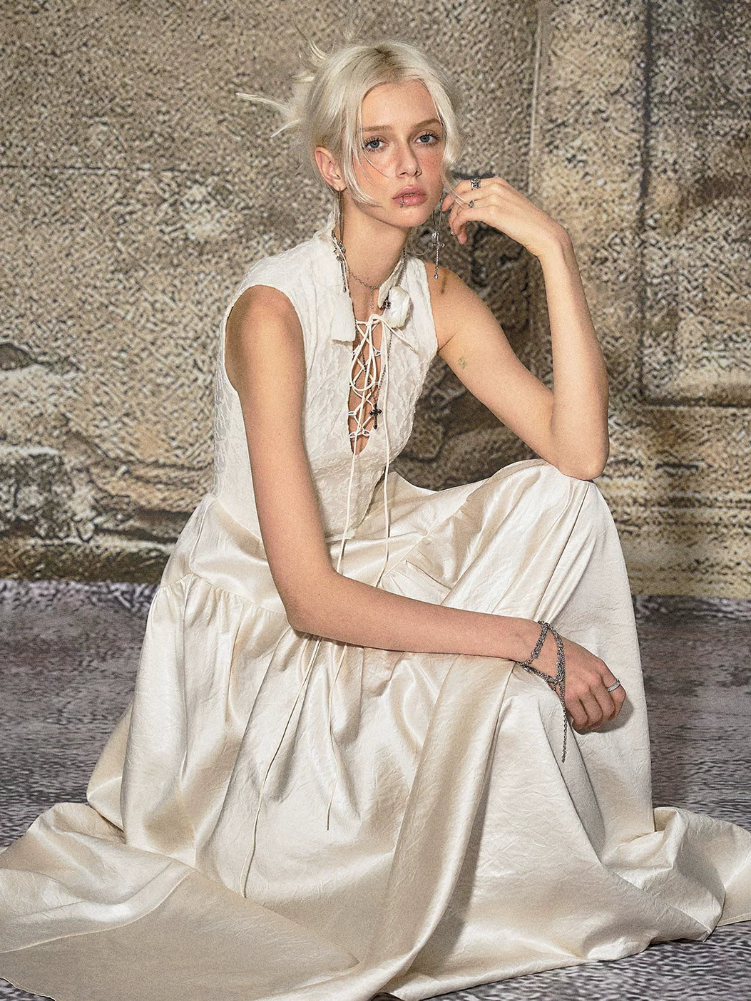 French Elegant Tie-Waist Maxi Dress White / M