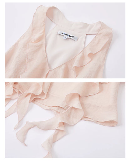 Elegant Linen-Blend Ruffled Halter V-Neck Top