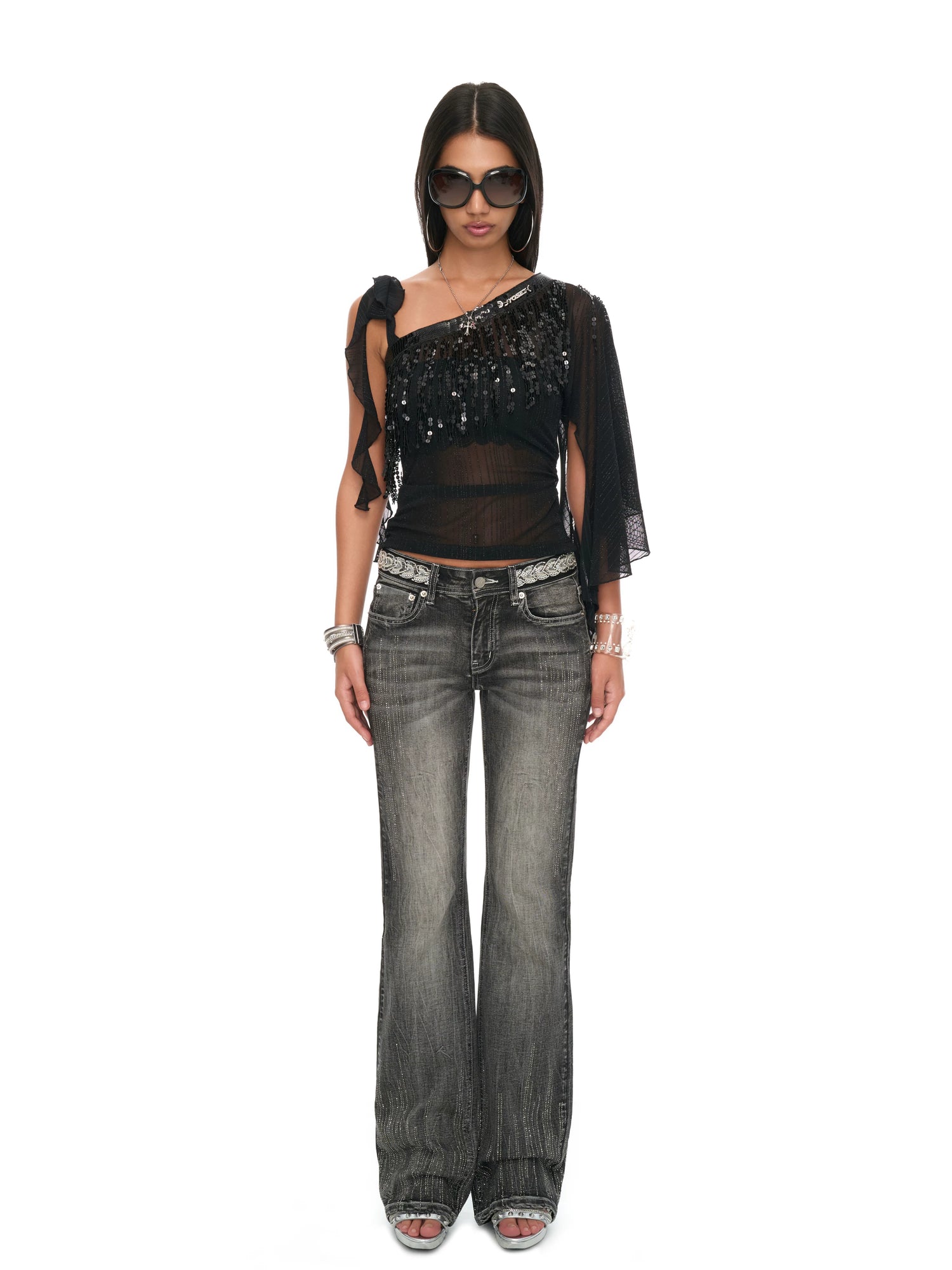 Black Asymmetric Sheer Lurex Mesh Fringe Top