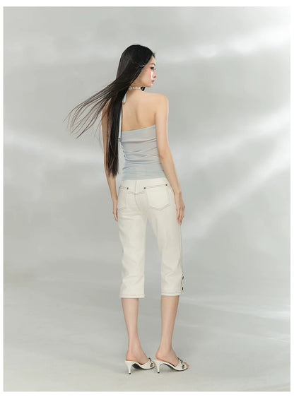 Sheer Double-Layer Mesh Halter Backless Top