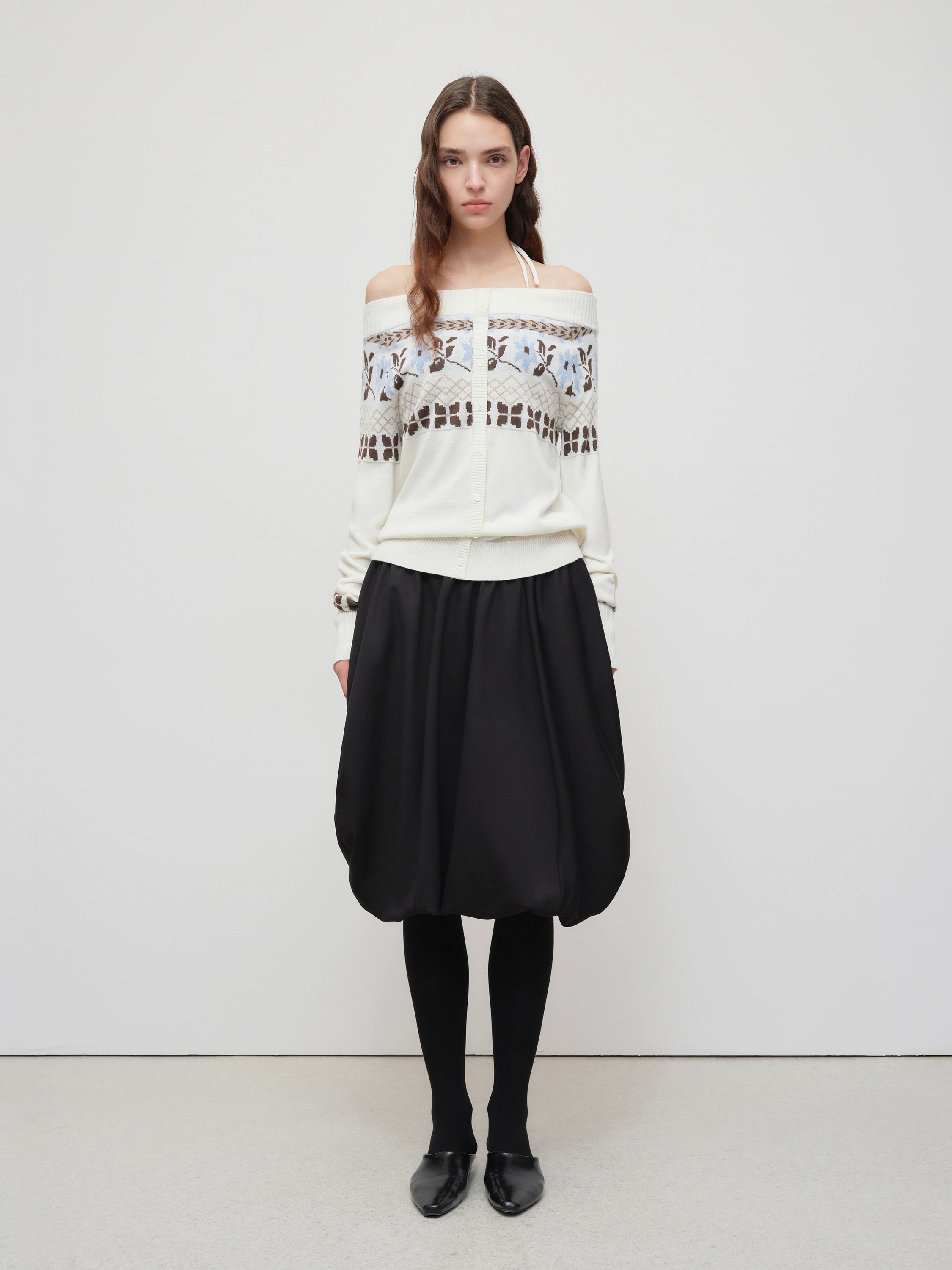 Air Isle Off-Shoulder Wool Knit Sweater