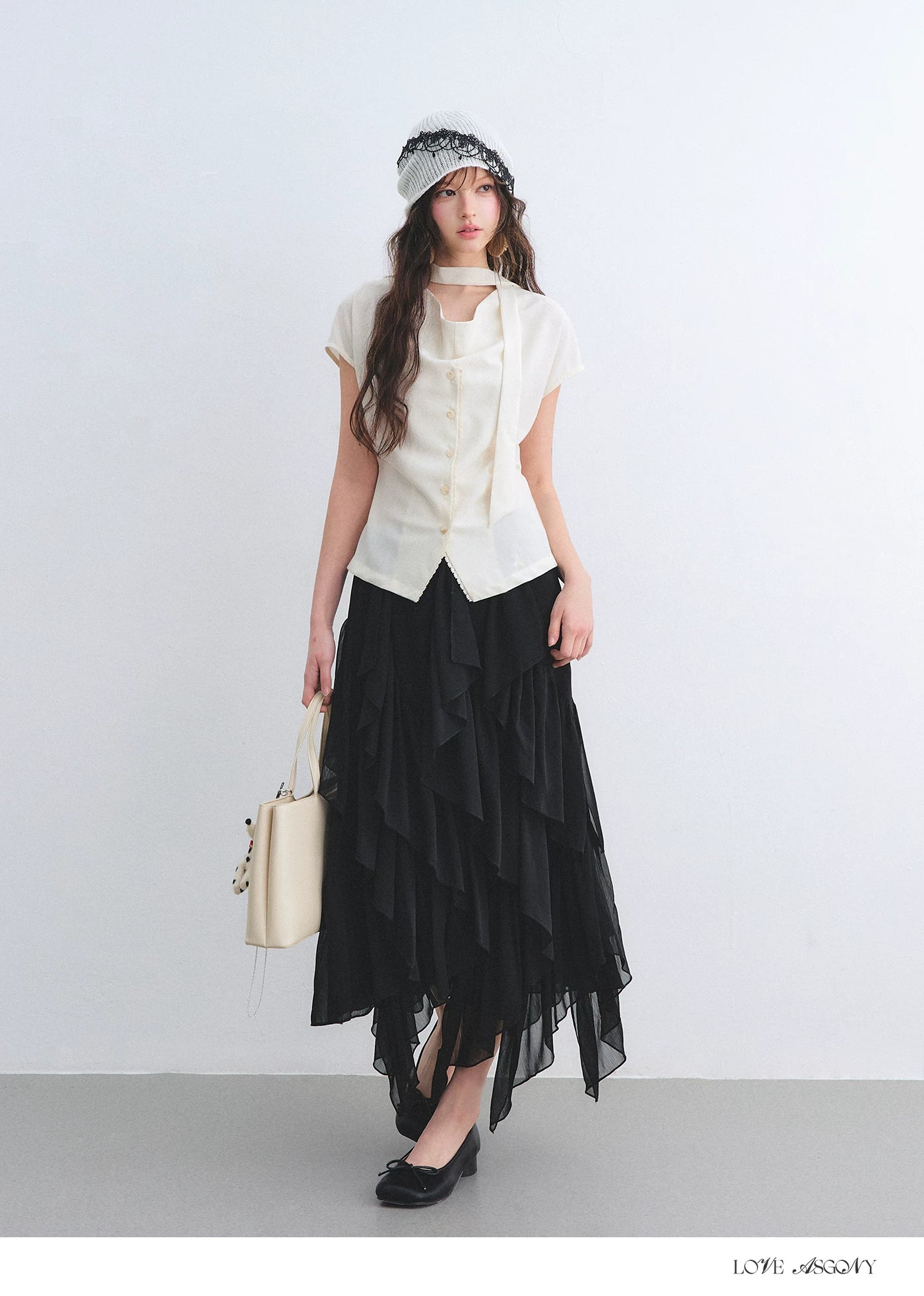 Linen Blend Lace Trim Draped Neck Tie-Waist Blouse