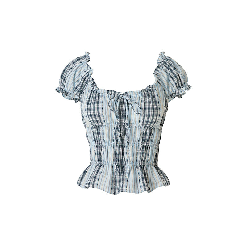 Blue Gingham Bubble Sleeve T-shirt