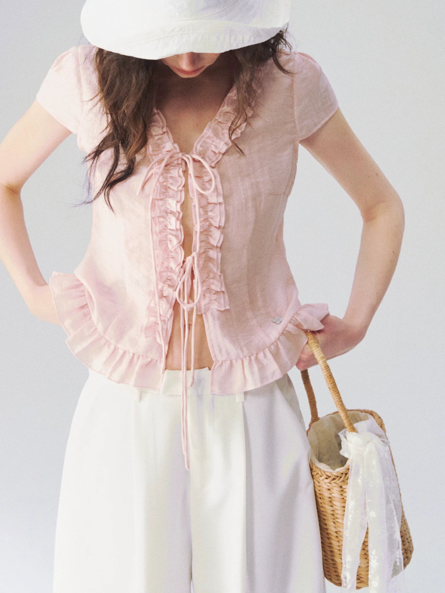 Soft Ruffle Trim V-Neck Cropped Blouse