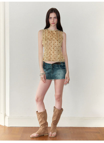 Vintage Washed V-Waist Denim Mini Skirt NeverMore