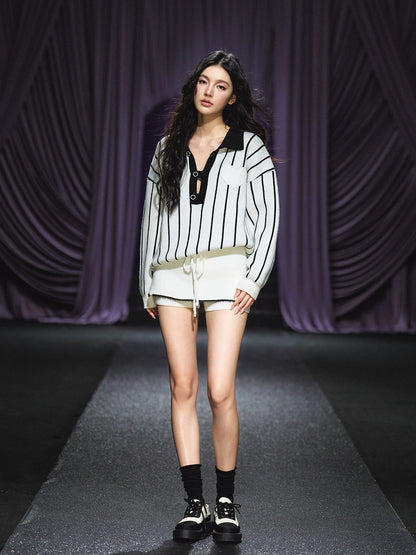 Striped Knit Polo T-Shirt &amp; Contrast Trim Skort Set