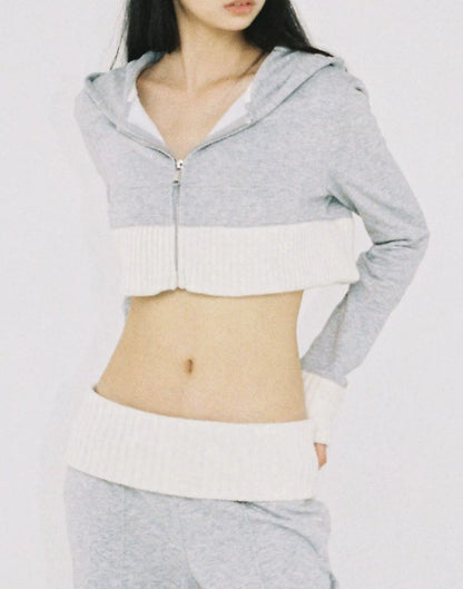 Gray Patchwork Cropped Hoodie